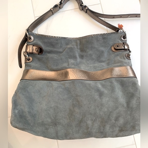 Ghurka Vintage Blue Suede Bag With Leather Trim and Front Pockets - Picture 4 of 13